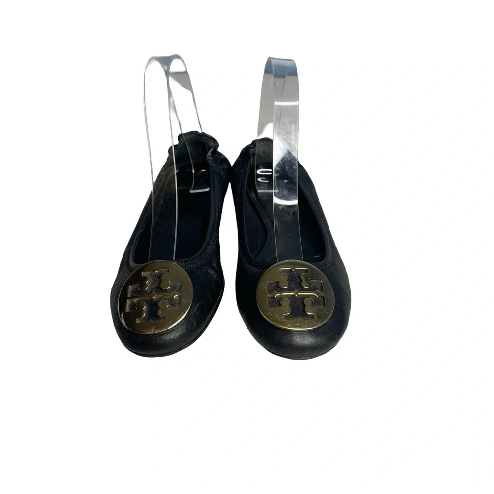Tory Burch Black Ballet Reva leather gold large logo flats. Women size 6M